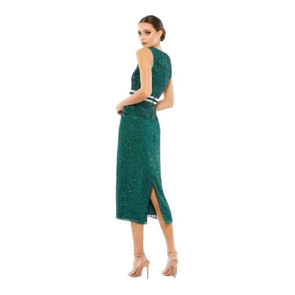 Mac Duggal Sleeveless High Neck Beaded Midi Sheath Dress in Emerald NWT - Picture 6 of 9